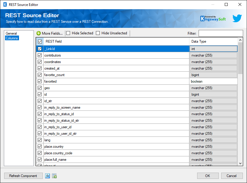 SSIS Twitter Business REST Source - Columns
